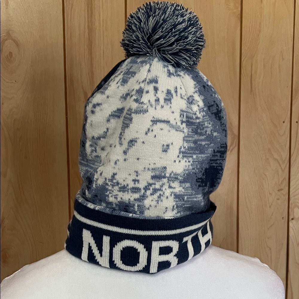 The North‎ Face Kids Youth Blue and White Pom-Pom Beanie ONE SIZE
